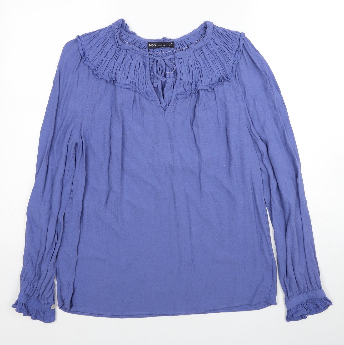 Marks and Spencer Womens Blue Viscose Basic Blouse Size 12 V-Neck