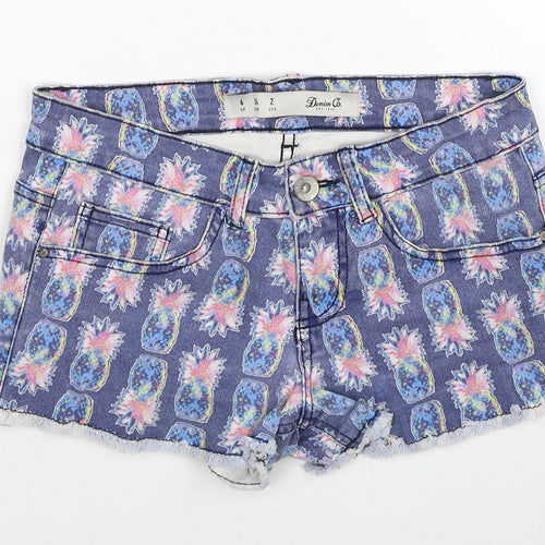 Denim & Co. Womens Blue Geometric Cotton Hot Pants Shorts Size 6 Regular Zip