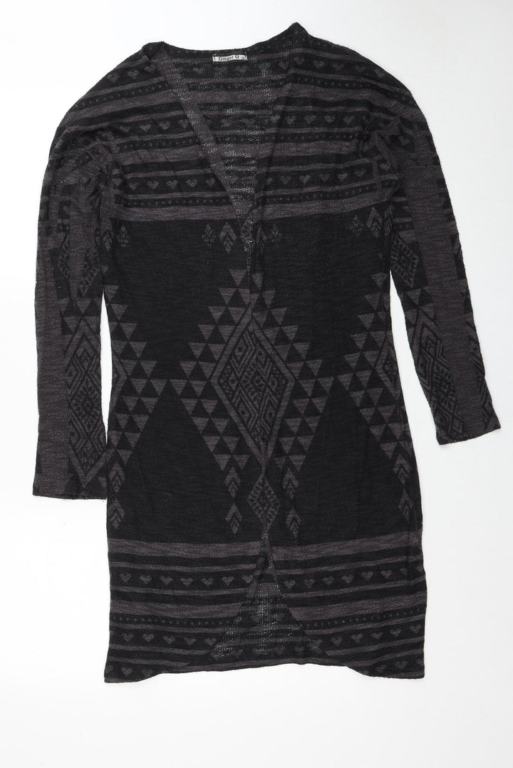 Ginger G Womens Black V-Neck Geometric Polyester Cardigan Jumper Size S