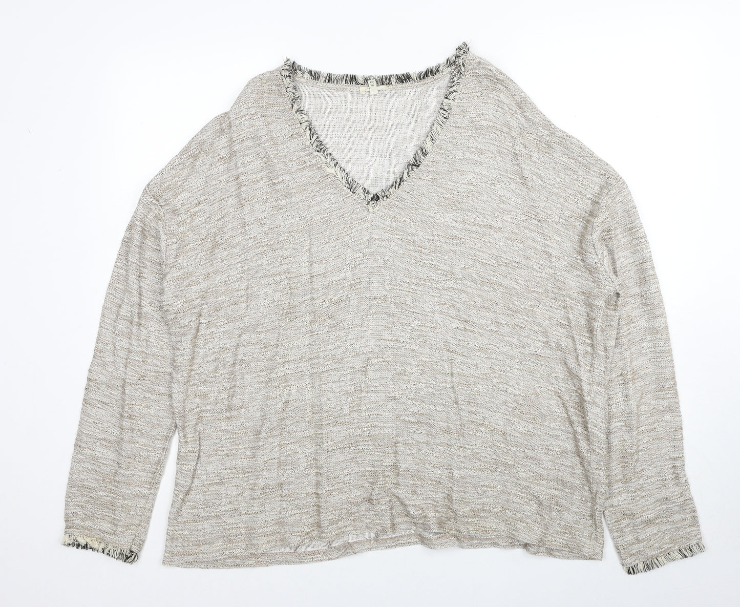 River Island Womens Grey V-Neck Viscose Pullover Jumper Size 14 - Fringe Trim