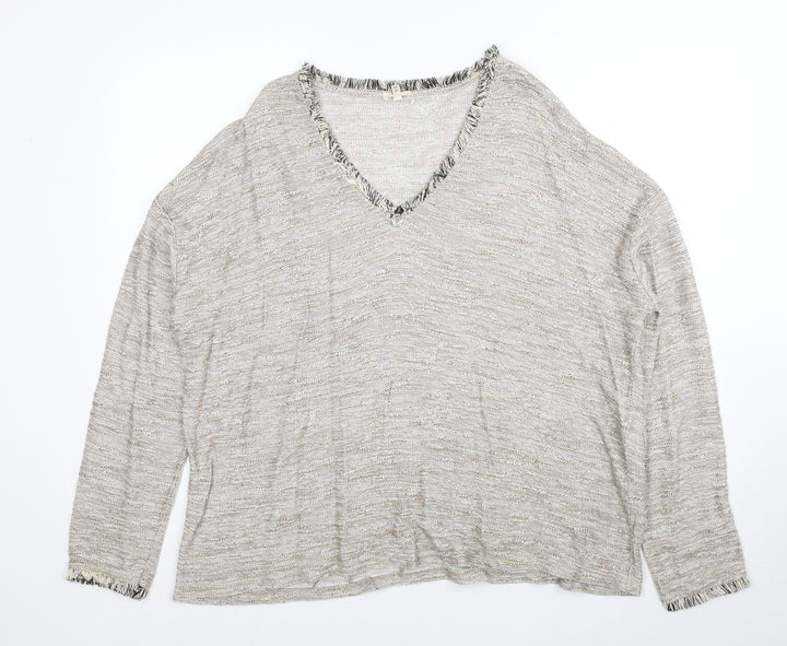 River Island Womens Grey V-Neck Viscose Pullover Jumper Size 14 - Fringe Trim