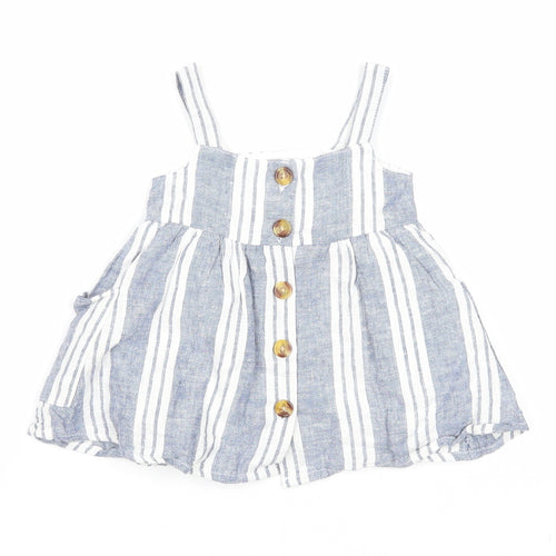 Primark Girls Blue Striped Polyester A-Line Size 0-3 Months Square Neck Button