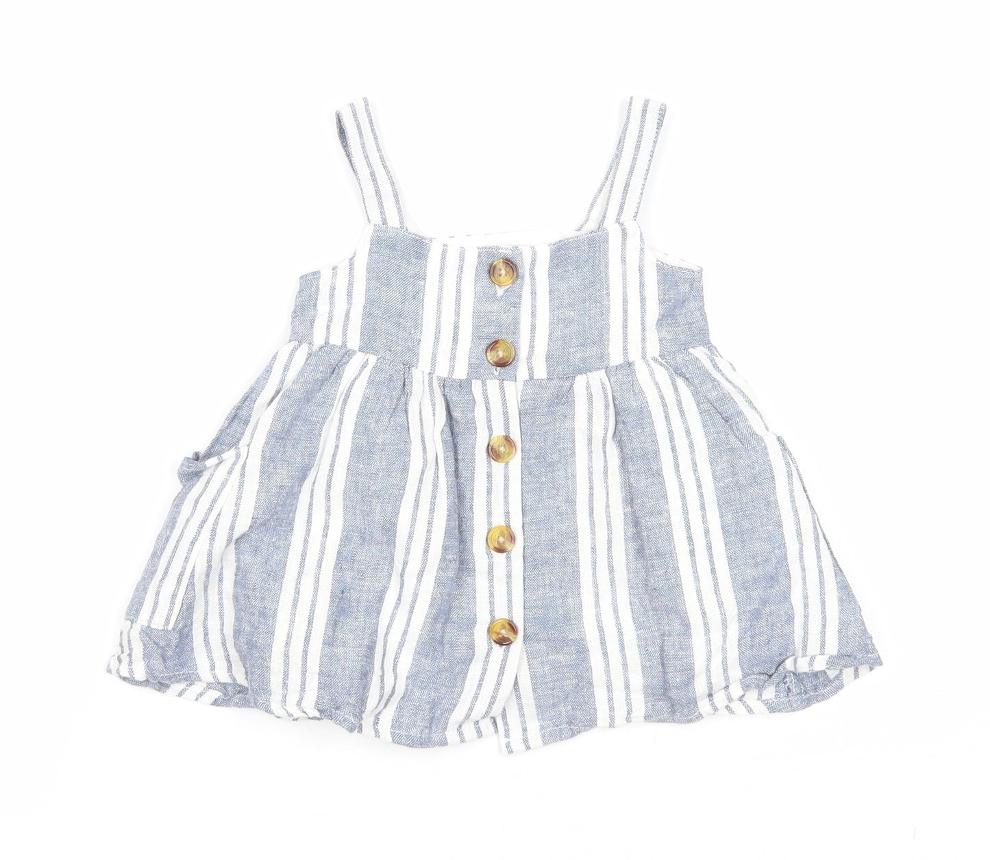 Primark Girls Blue Striped Polyester A-Line Size 0-3 Months Square Neck Button