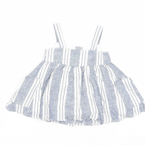 Primark Girls Blue Striped Polyester A-Line Size 0-3 Months Square Neck Button