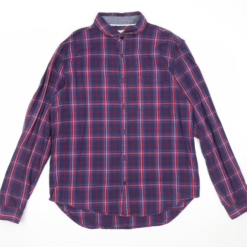 River Island Mens Blue Plaid Cotton Button-Up Size M Collared Button
