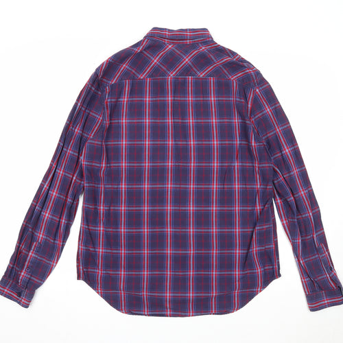 River Island Mens Blue Plaid Cotton Button-Up Size M Collared Button