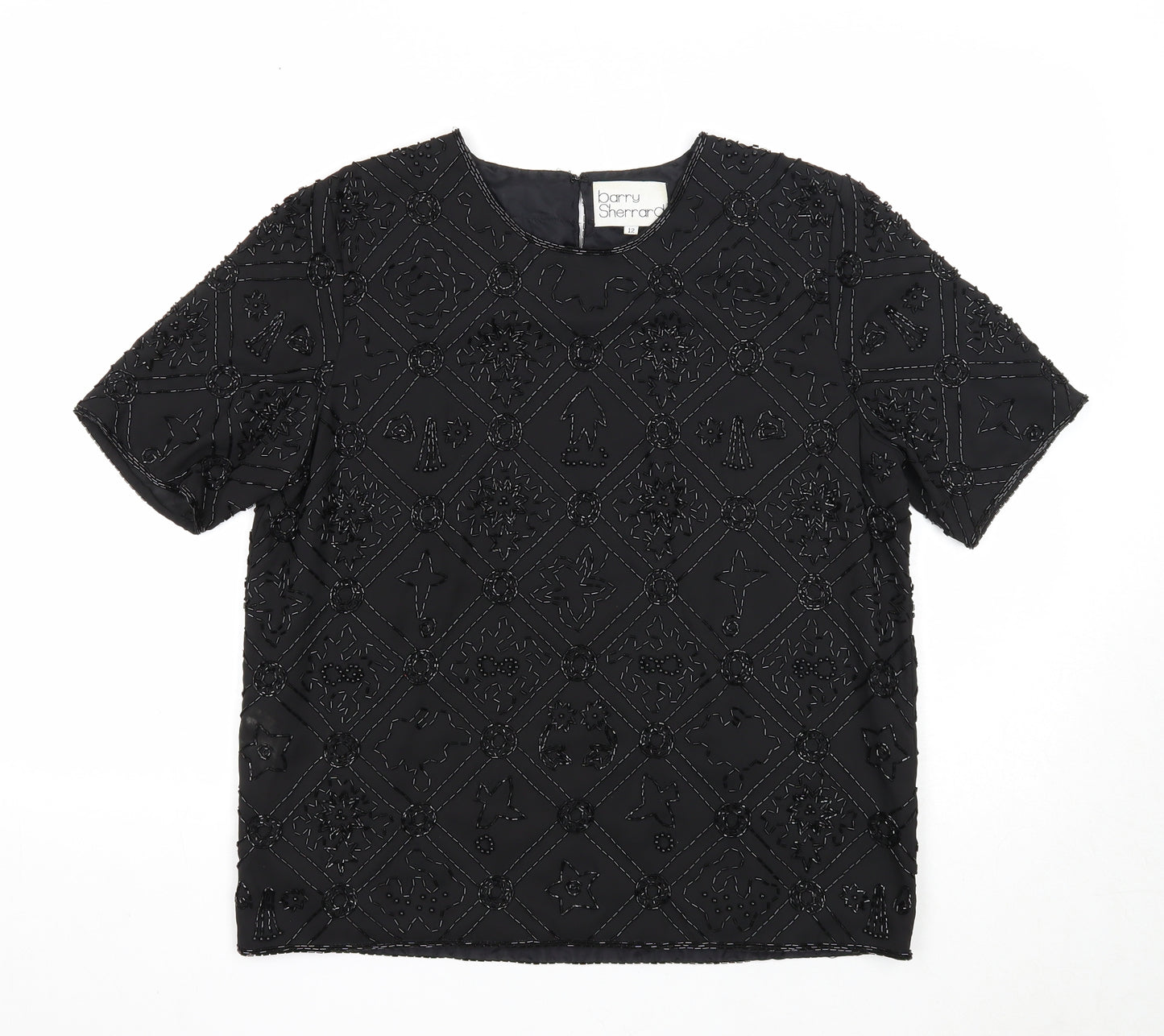 Barry Sherrard Womens Black Geometric Polyester Basic T-Shirt Size 12 Round Neck