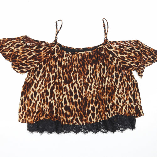 Select Womens Blue Animal Print Viscose Basic Blouse Size 10 Square Neck - Lace Detail, Leopard Print