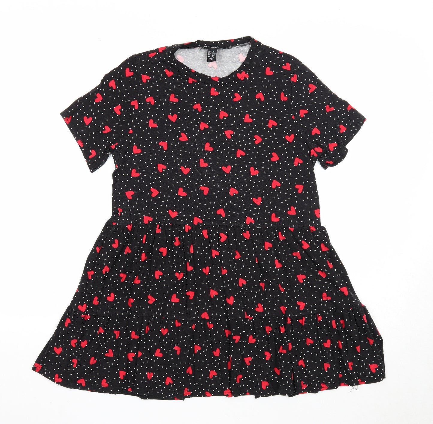 New Look Womens Black Geometric Viscose Fit & Flare Size 10 Round Neck Pullover - Heart Pattern