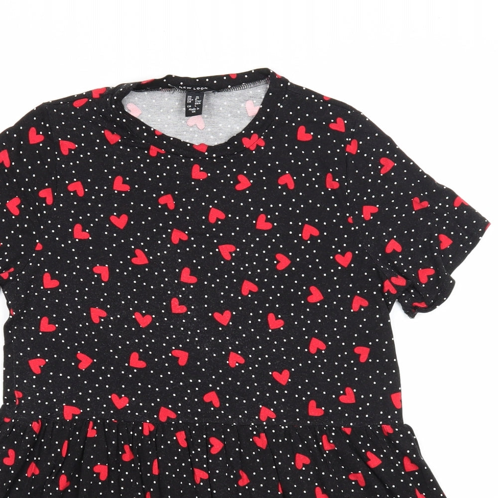 New Look Womens Black Geometric Viscose Fit & Flare Size 10 Round Neck Pullover - Heart Pattern