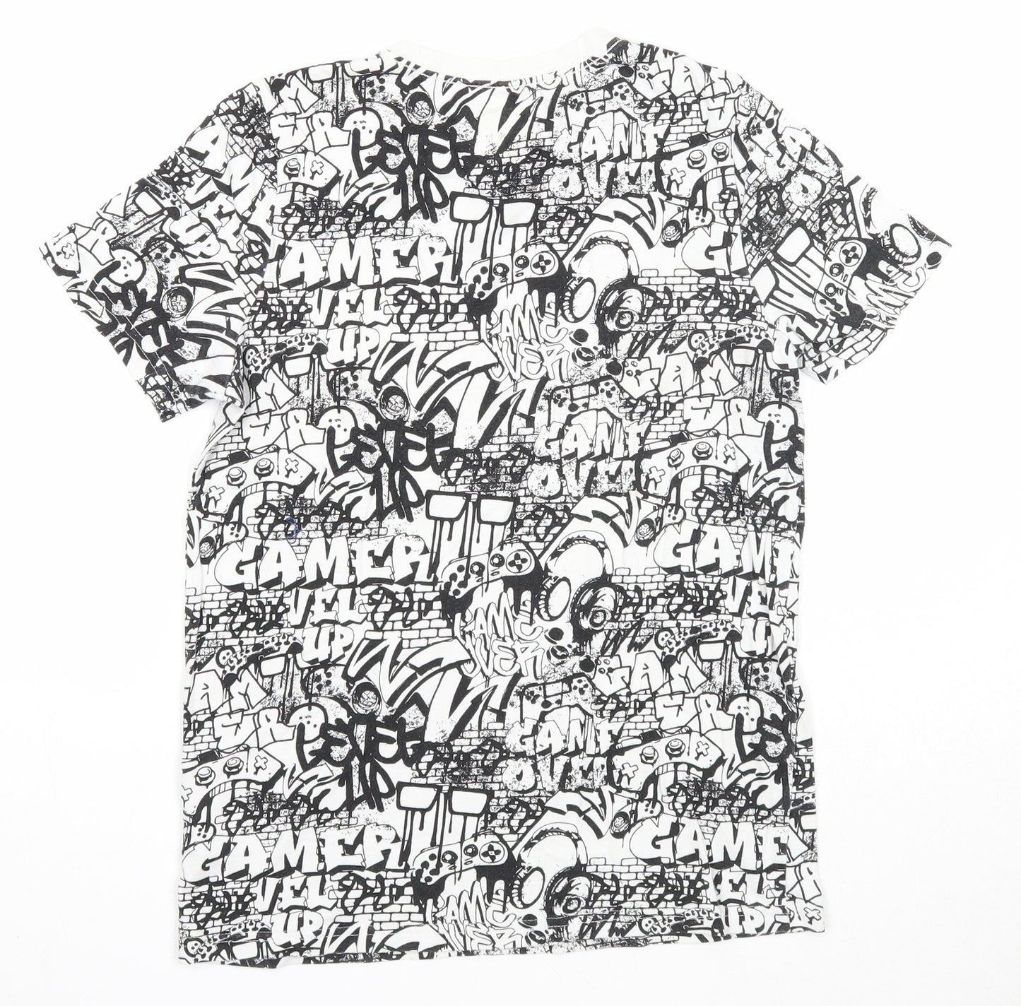 F&F Boys Black Geometric Cotton Basic T-Shirt Size 9-10 Years Round Neck Pullover - Graffiti