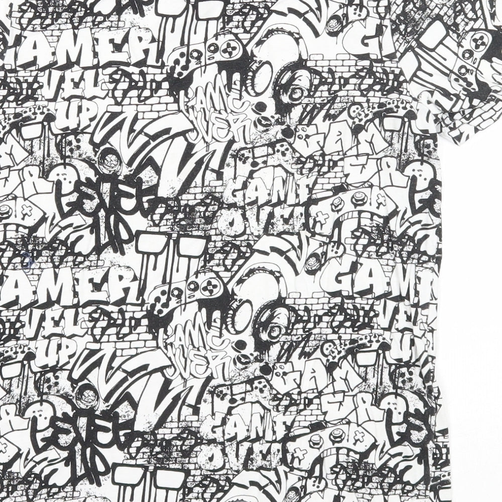 F&F Boys Black Geometric Cotton Basic T-Shirt Size 9-10 Years Round Neck Pullover - Graffiti