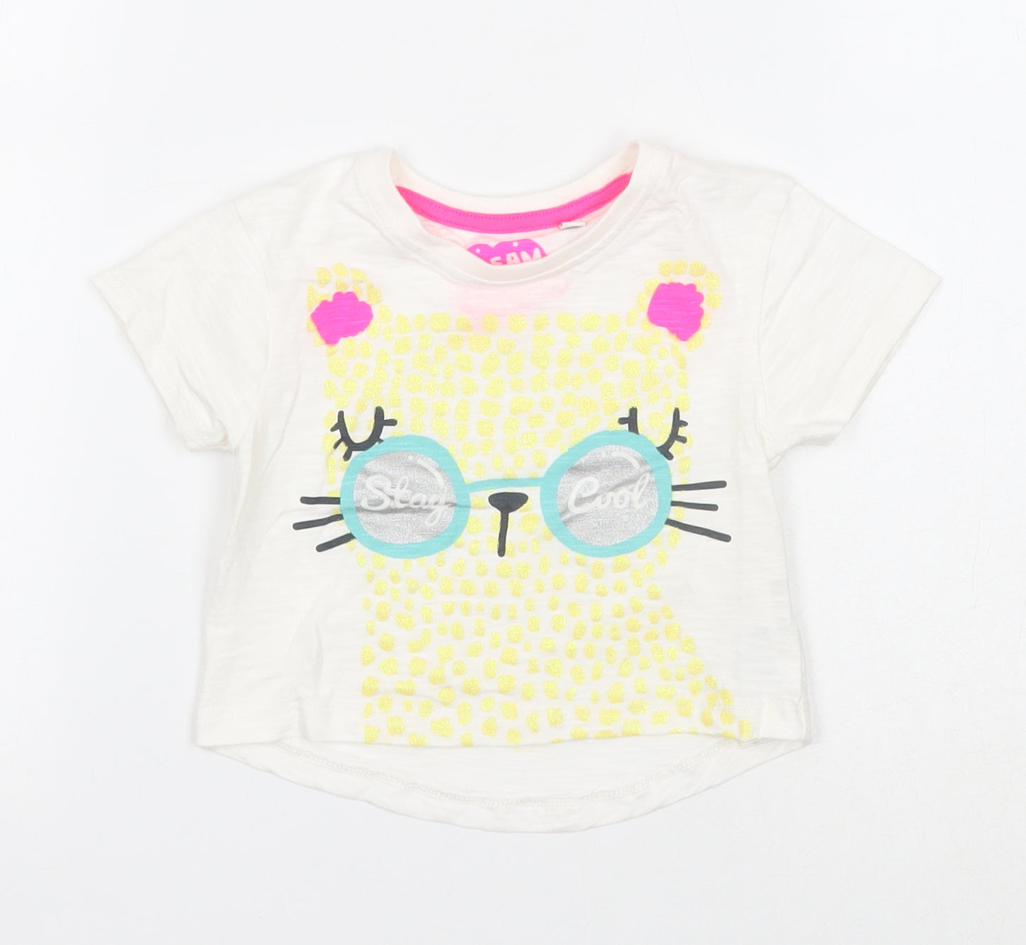 Blue Zoo Girls White Geometric Cotton Basic T-Shirt Size 18-24 Months Round Neck Pullover - Stay Cool