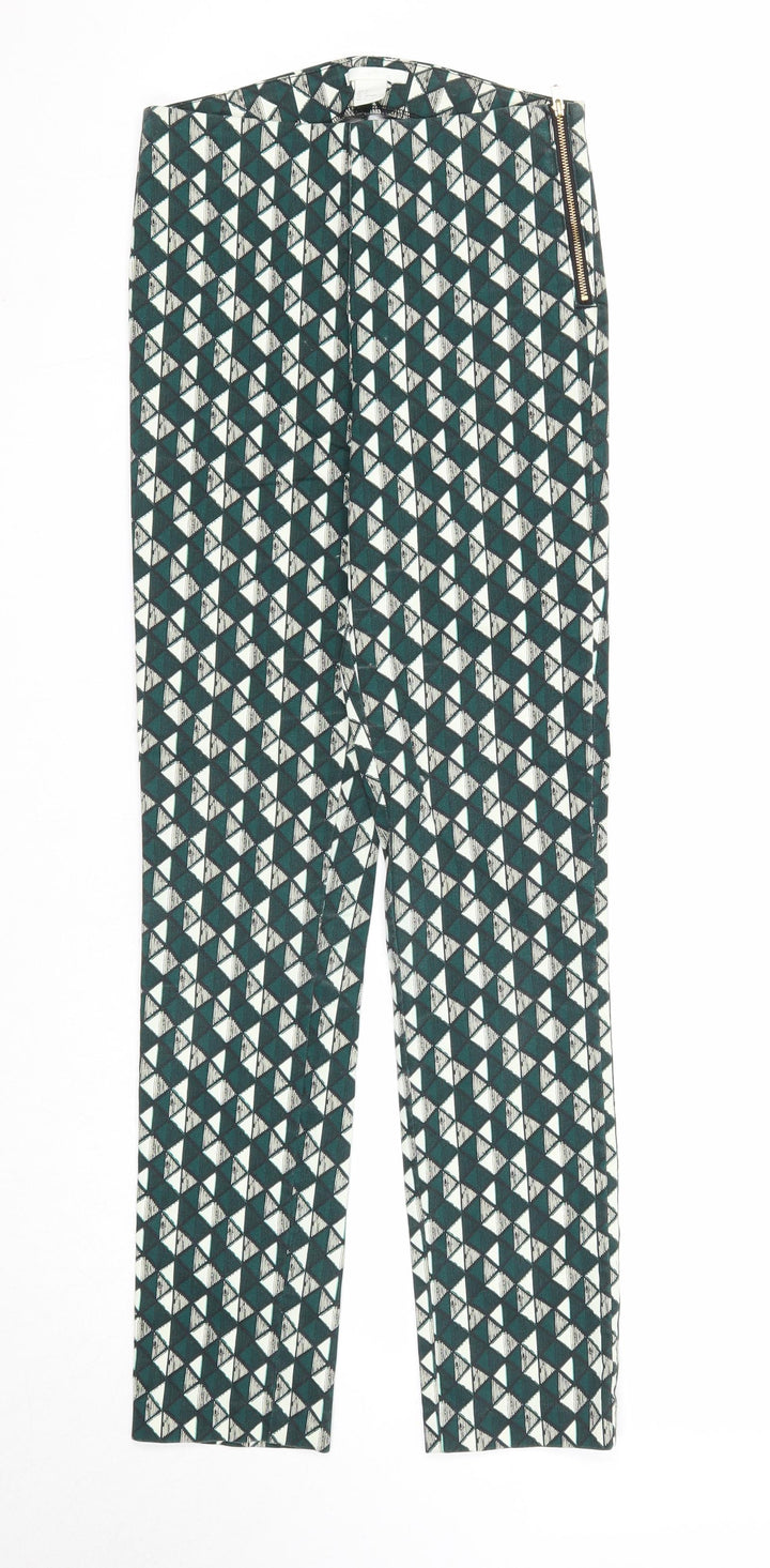 H&M Womens Green Geometric Cotton Trousers Size 6 Regular Zip