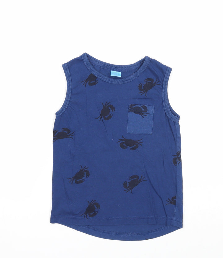 Little Kids Boys Blue Geometric Cotton Basic Tank Size 5-6 Years Round Neck Pullover - Crab