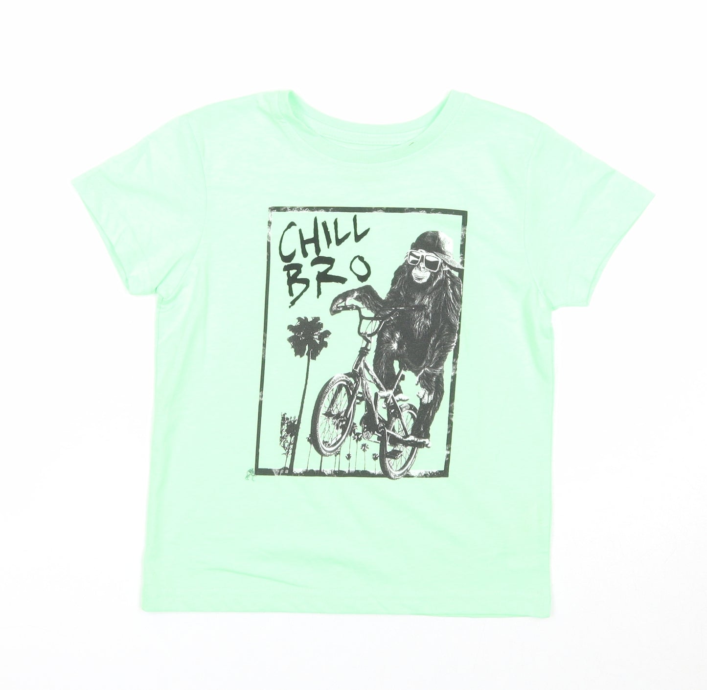 Primark Boys Green Polyester Basic T-Shirt Size 5-6 Years Round Neck Pullover - Monkey on Bike