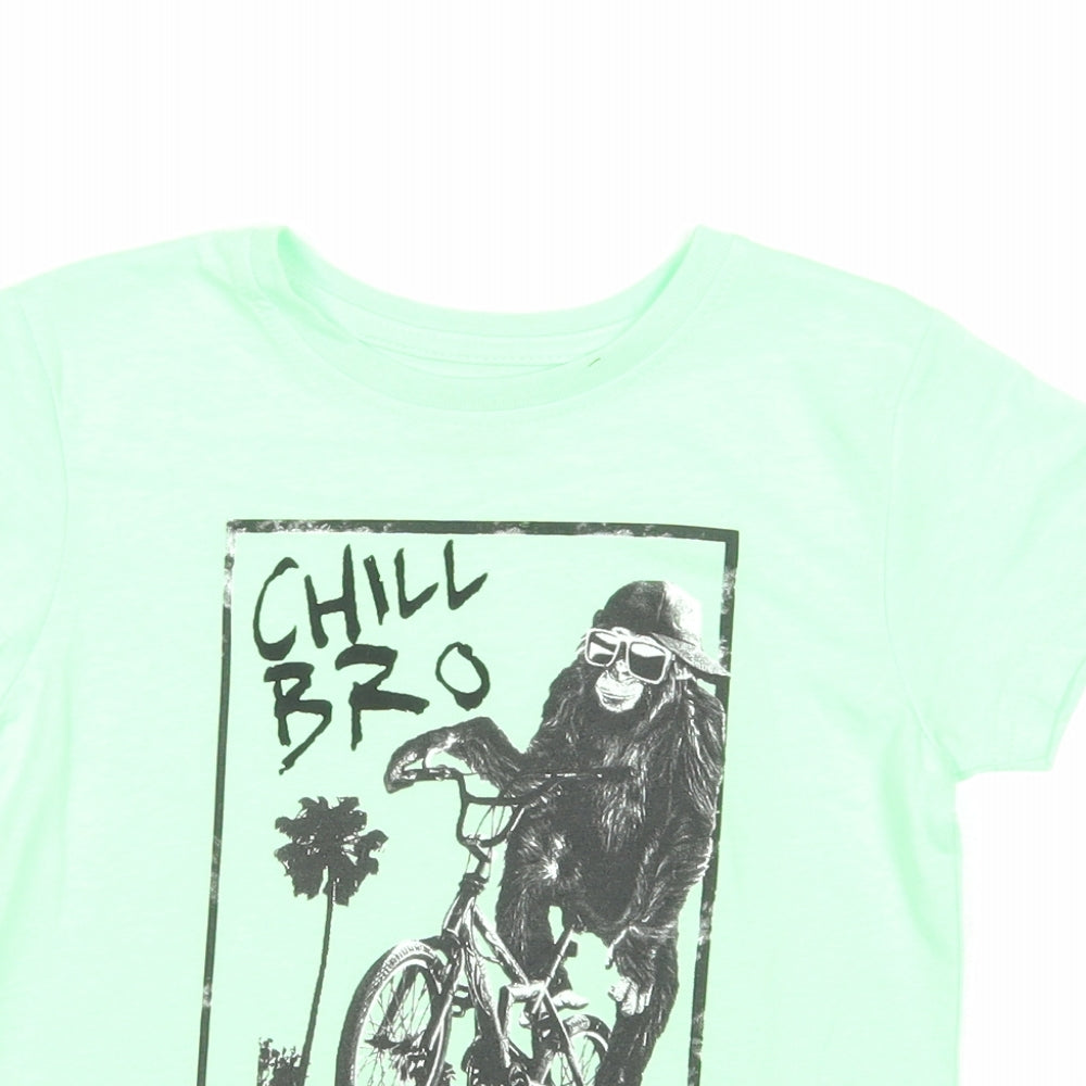 Primark Boys Green Polyester Basic T-Shirt Size 5-6 Years Round Neck Pullover - Monkey on Bike