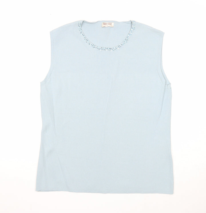 Bonmarché Womens Blue Viscose Basic Blouse Size L Round Neck - Embellished Neckline