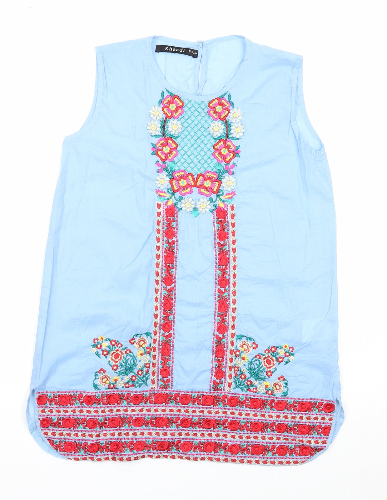 Khaadi Girls Blue Geometric Cotton Basic Tank Size 8-9 Years Round Neck Button - Flowers
