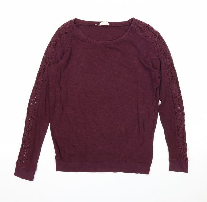 New Look Womens Purple Boat Neck Cotton Pullover Jumper Size 8 - Lace Detail