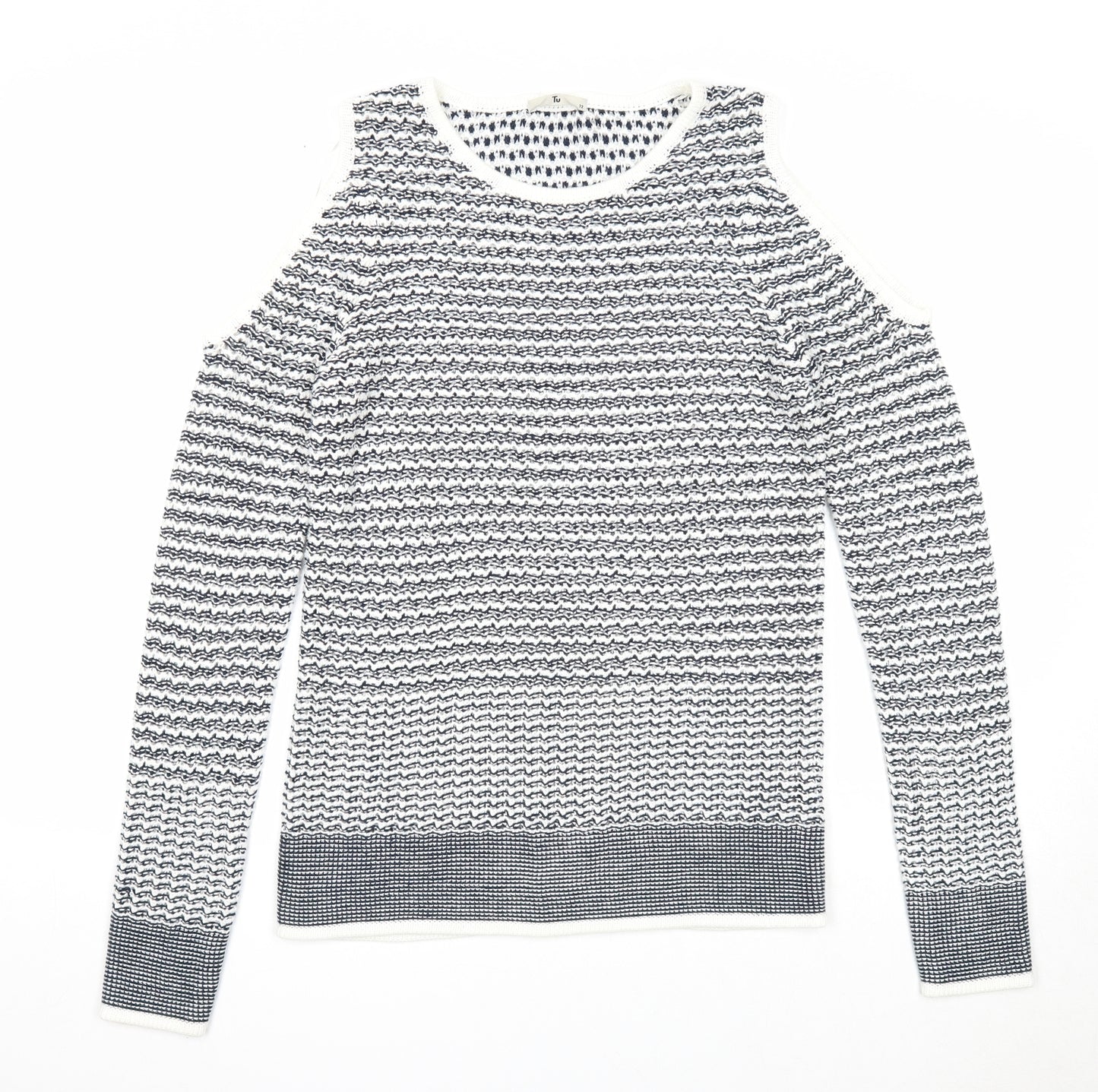 TU Womens Blue Scoop Neck Geometric Acrylic Pullover Jumper Size 12 - Cold Shoulder