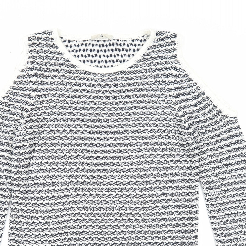 TU Womens Blue Scoop Neck Geometric Acrylic Pullover Jumper Size 12 - Cold Shoulder