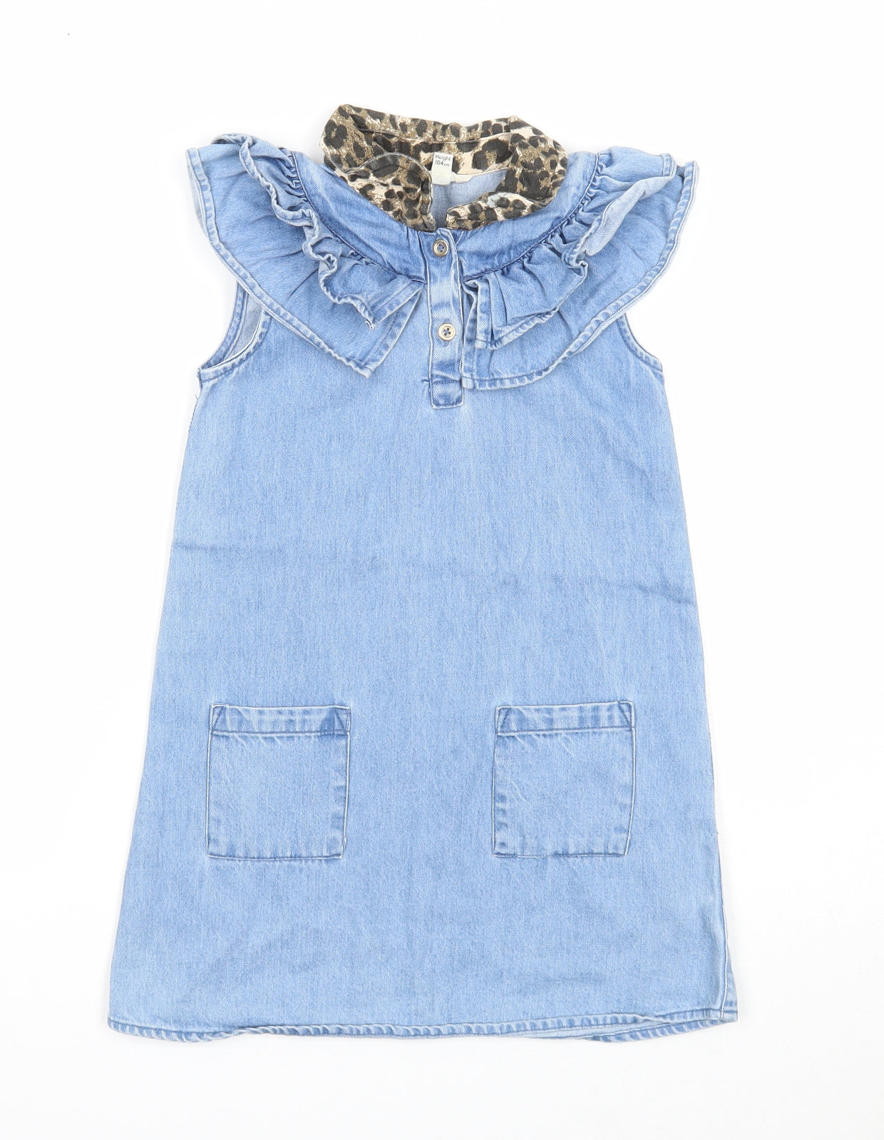 River Island Girls Blue Geometric Cotton A-Line Size 3-4 Years Collared Button