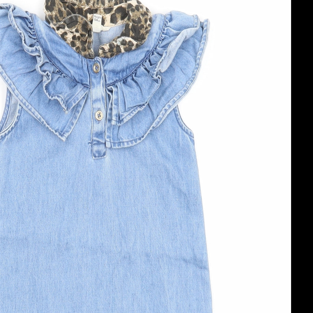 River Island Girls Blue Geometric Cotton A-Line Size 3-4 Years Collared Button