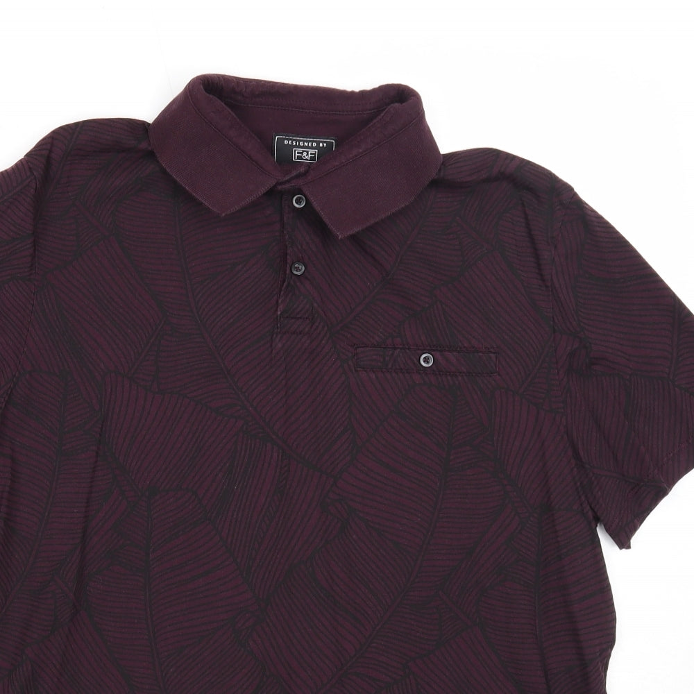F&F Mens Purple Geometric Cotton Polo Size L Collared Button