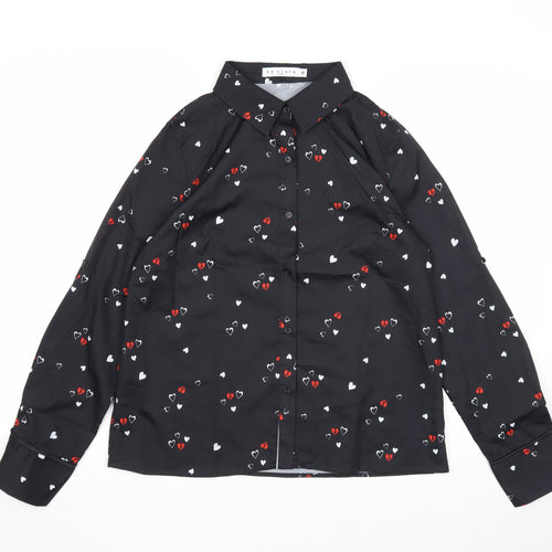 By Clara Womens Black Geometric Polyester Basic Button-Up Size M Collared - Heart Print