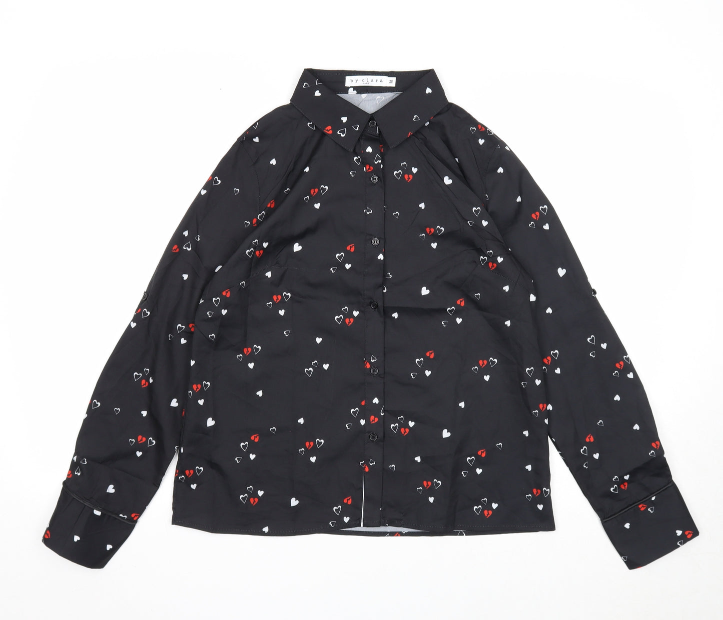 By Clara Womens Black Geometric Polyester Basic Button-Up Size M Collared - Heart Print