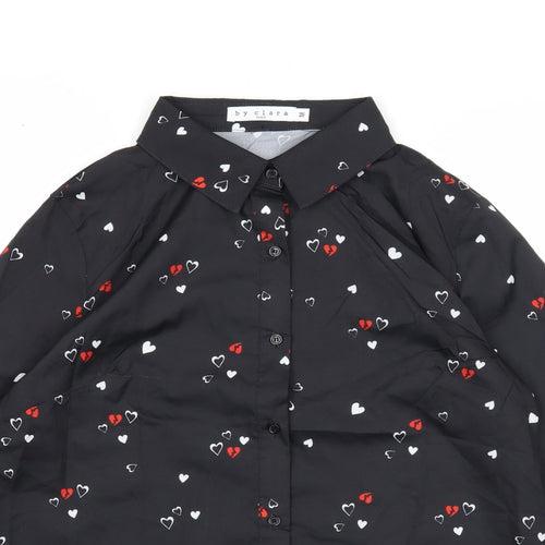 By Clara Womens Black Geometric Polyester Basic Button-Up Size M Collared - Heart Print