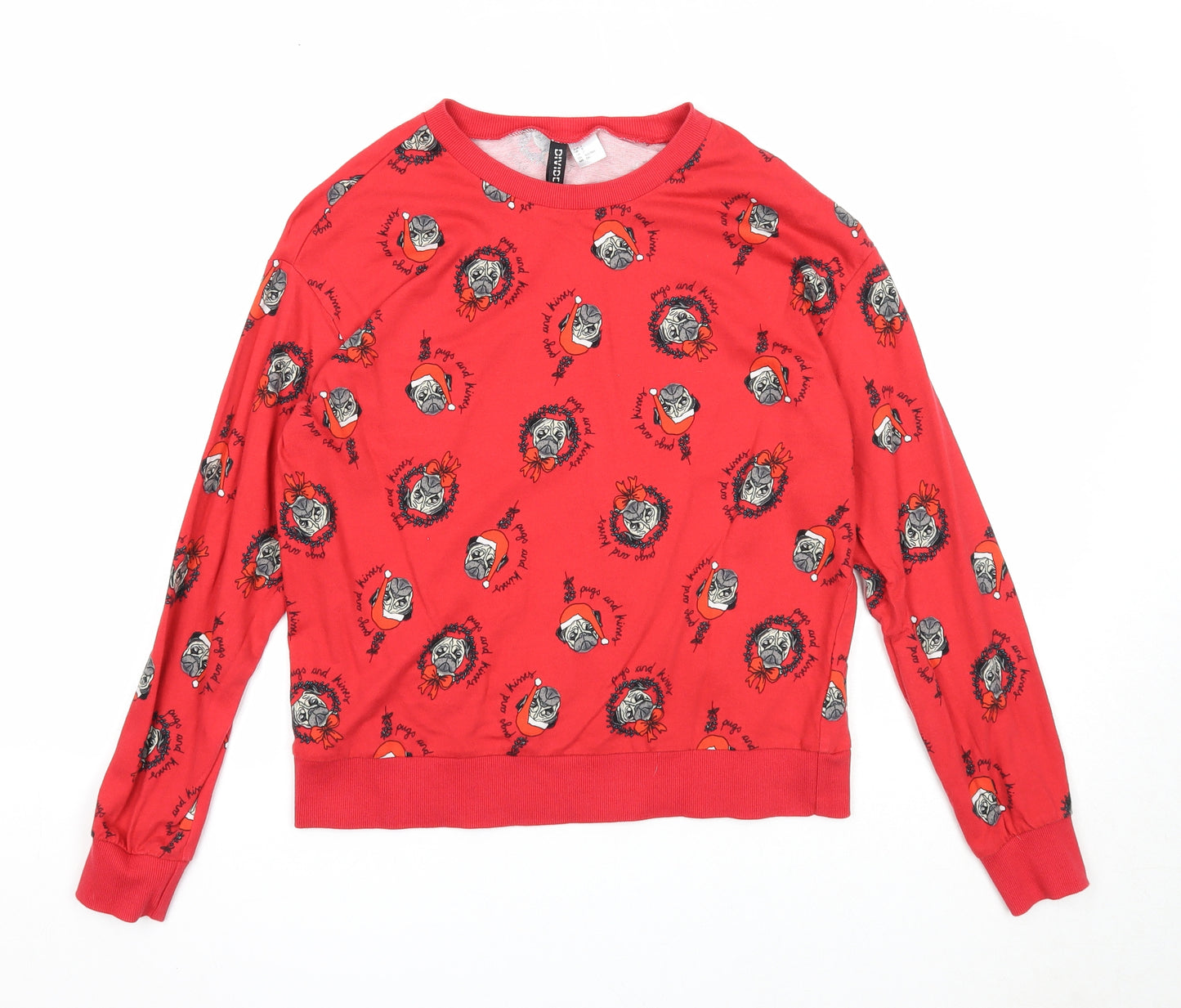 Divided Womens Red Geometric Cotton Pullover Sweatshirt Size S Pullover - Christmas Pug