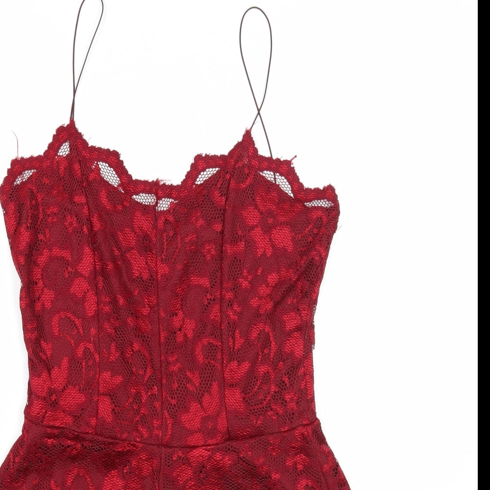 Boohoo Womens Red Floral Polyester Playsuit One-Piece Size 10 Pullover