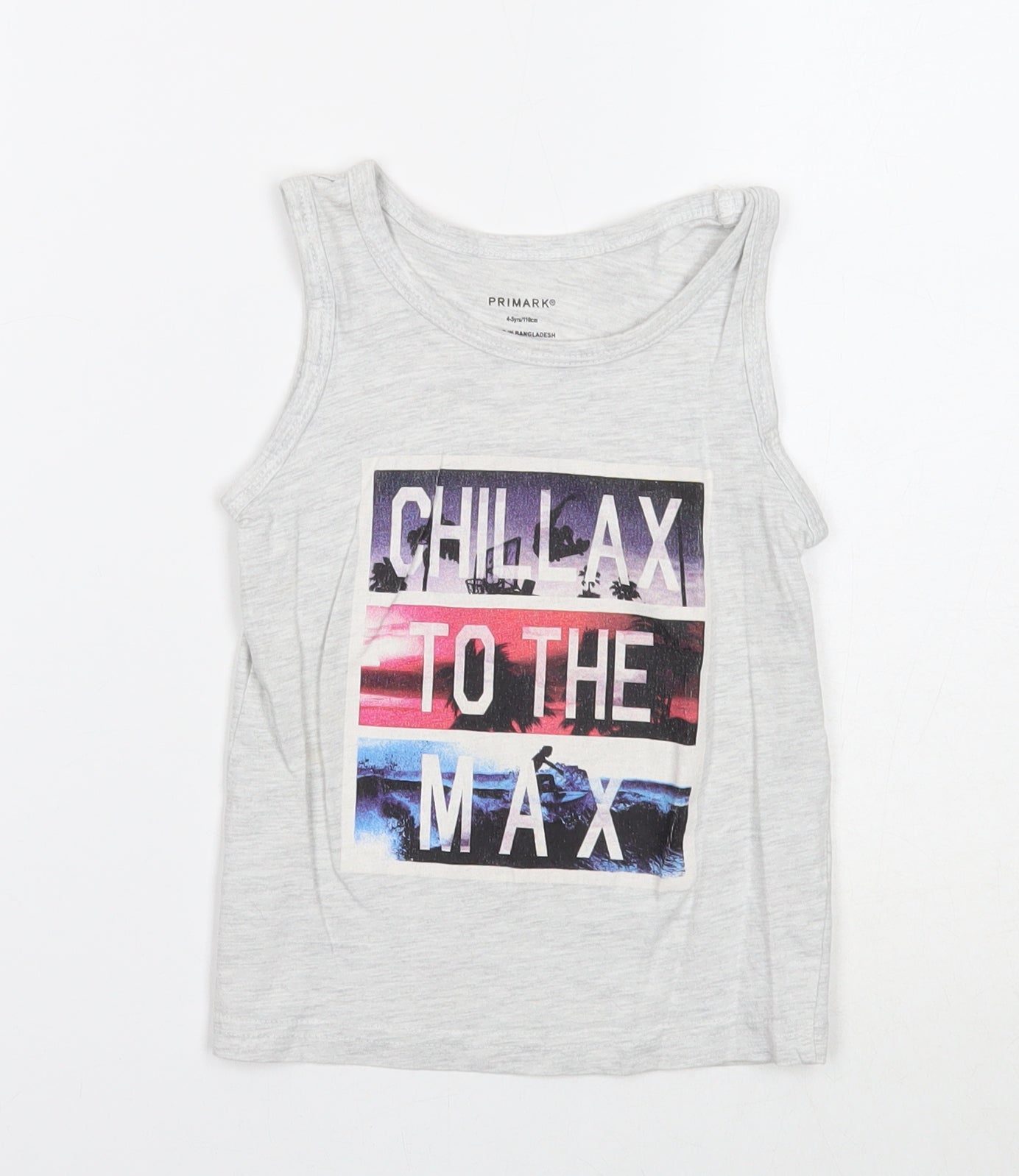 Primark Boys Grey Cotton Basic Tank Size 4-5 Years Round Neck Pullover - Chillax to the Max