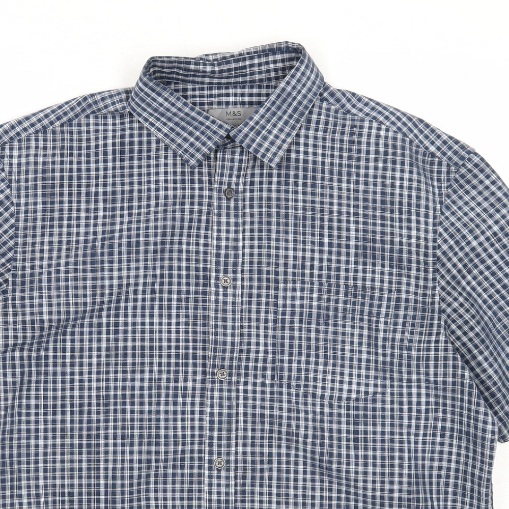 Marks and Spencer Mens Blue Check Modal Button-Up Size M Collared Button
