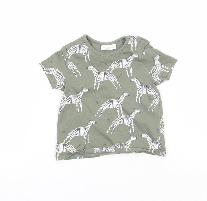 NEXT Boys Green Geometric Cotton Basic T-Shirt Size 0-3 Months Round Neck Snap - Zebra