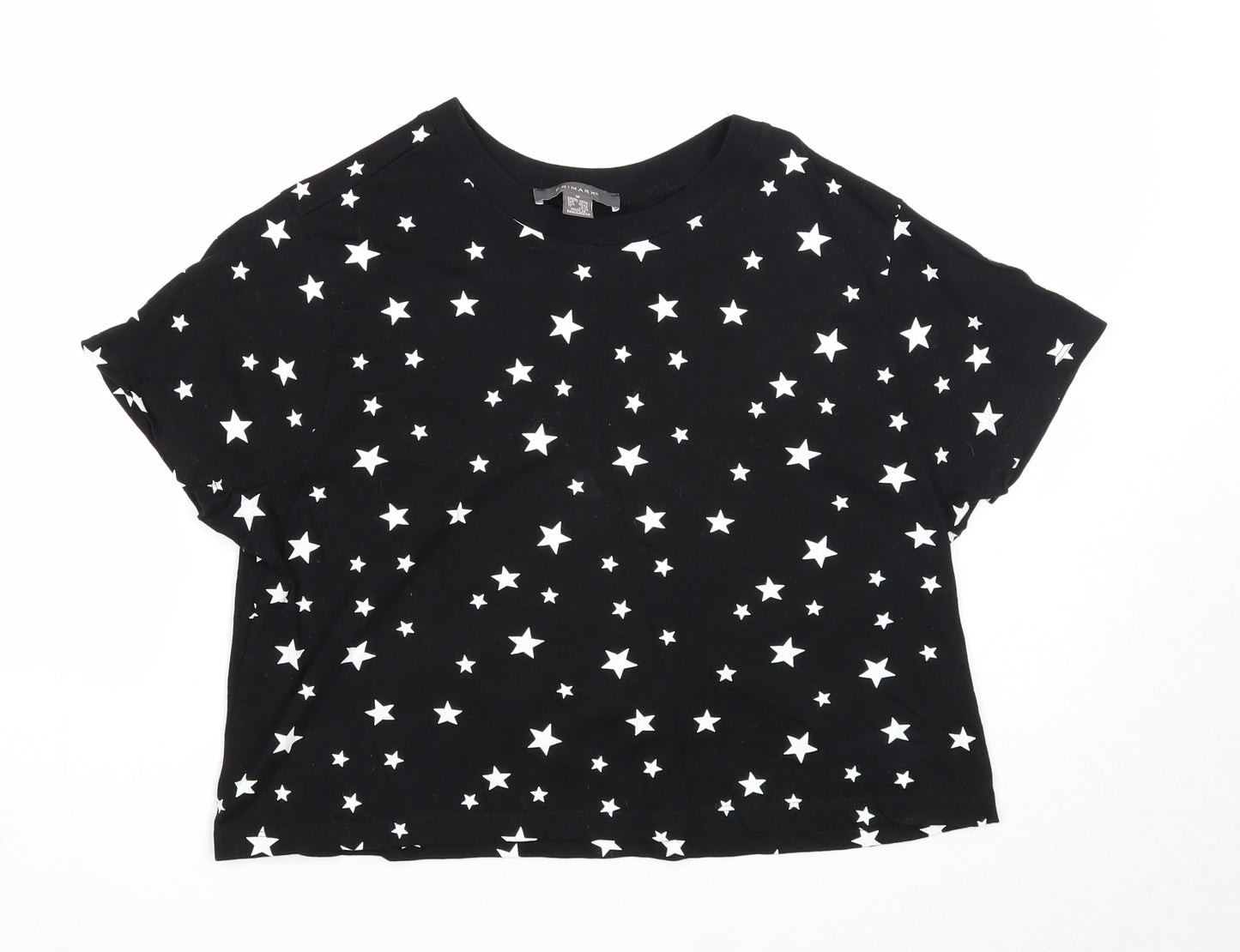 Primark Womens Black Geometric Cotton Basic T-Shirt Size 12 Round Neck - Star Print, Size 12-14