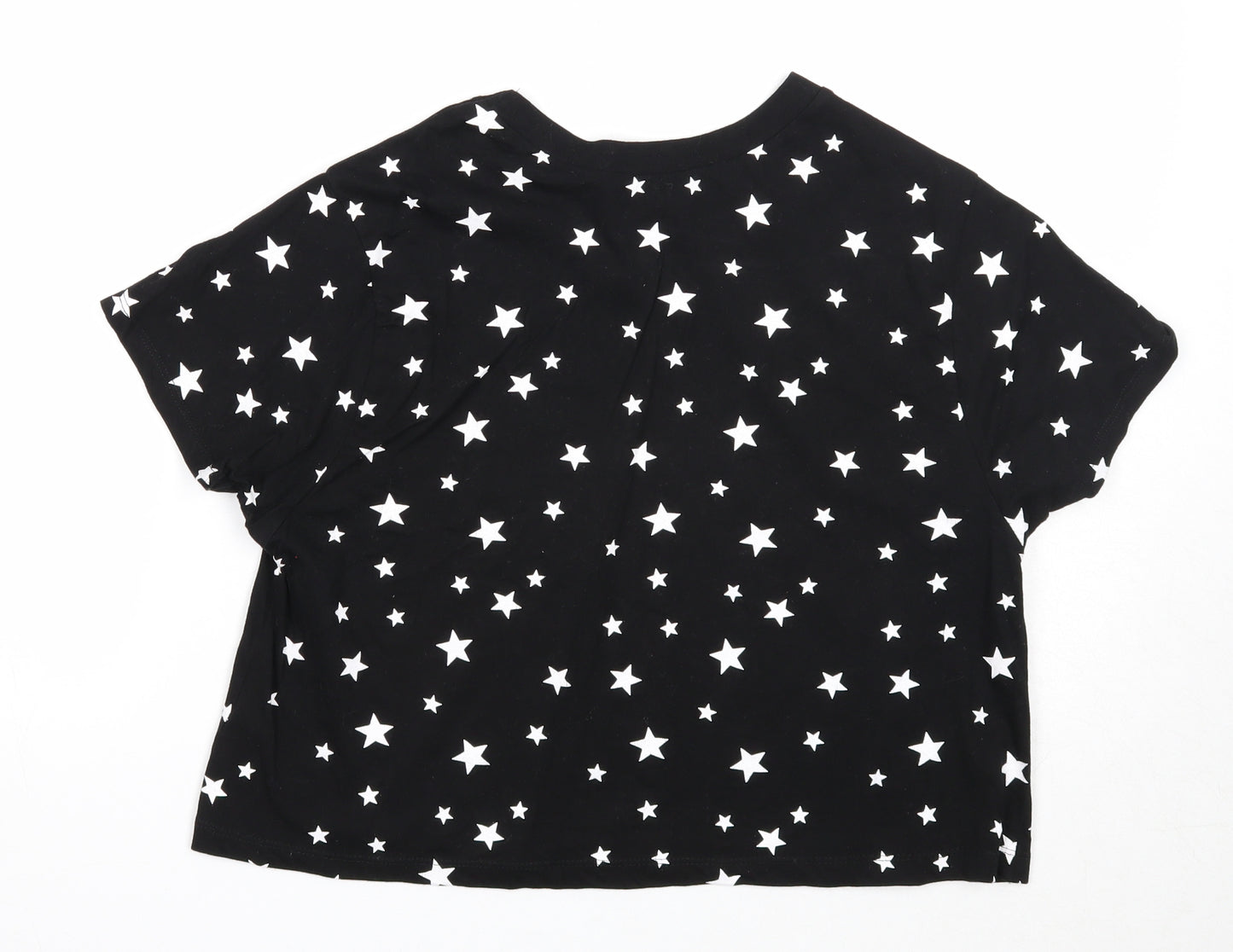 Primark Womens Black Geometric Cotton Basic T-Shirt Size 12 Round Neck - Star Print, Size 12-14