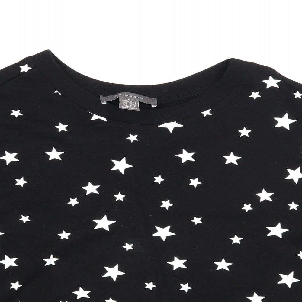 Primark Womens Black Geometric Cotton Basic T-Shirt Size 12 Round Neck - Star Print, Size 12-14