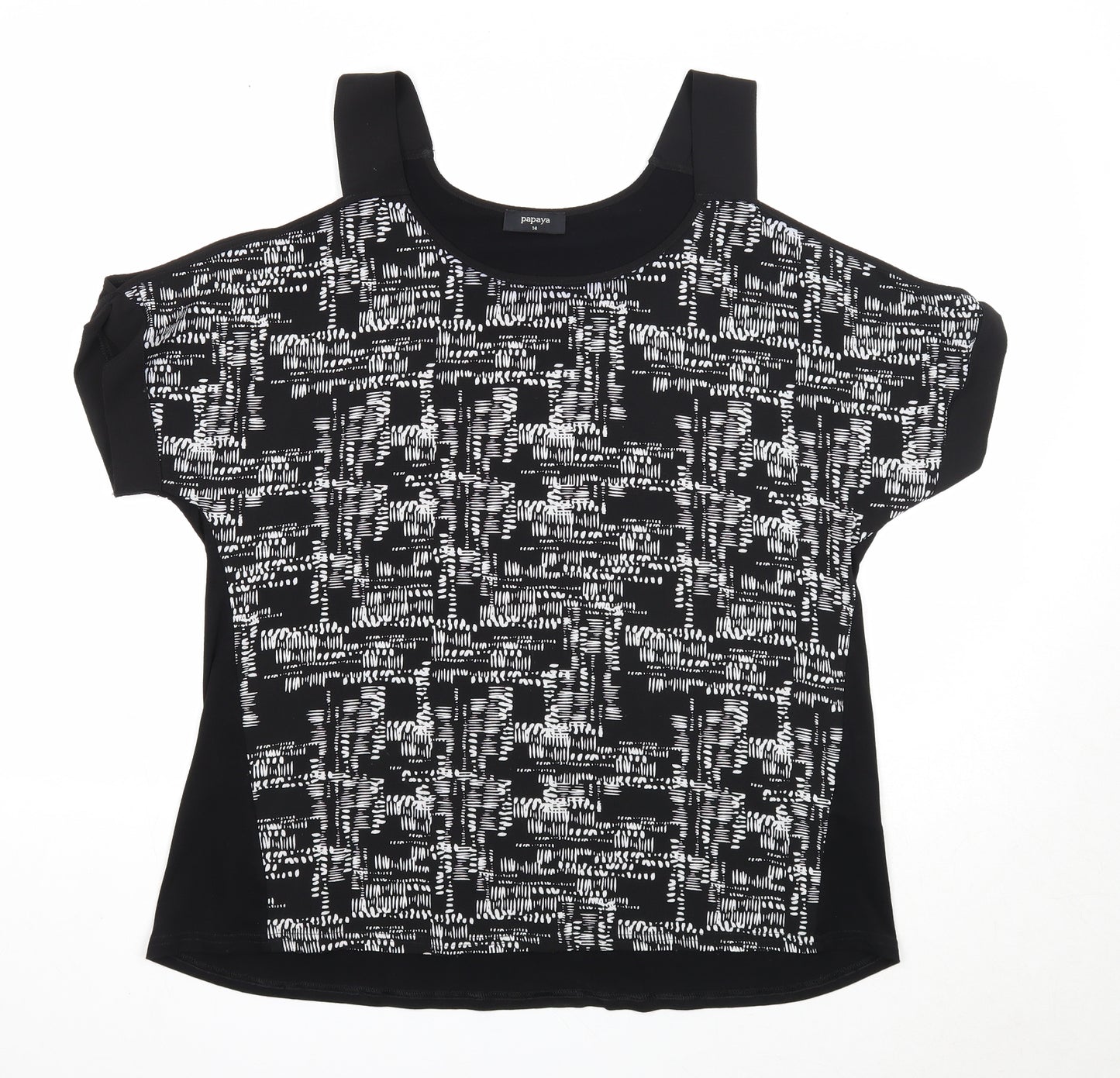 Papaya Womens Black Geometric Polyester Basic Blouse Size 14 Round Neck