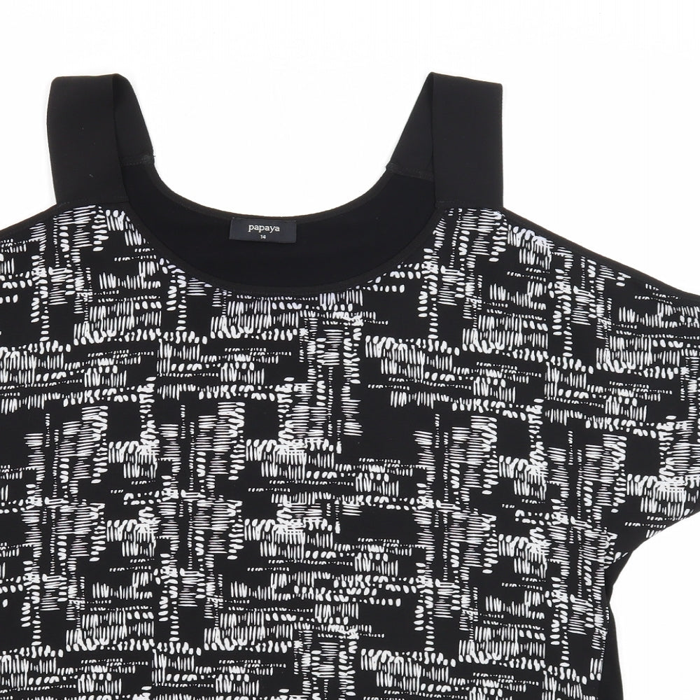 Papaya Womens Black Geometric Polyester Basic Blouse Size 14 Round Neck