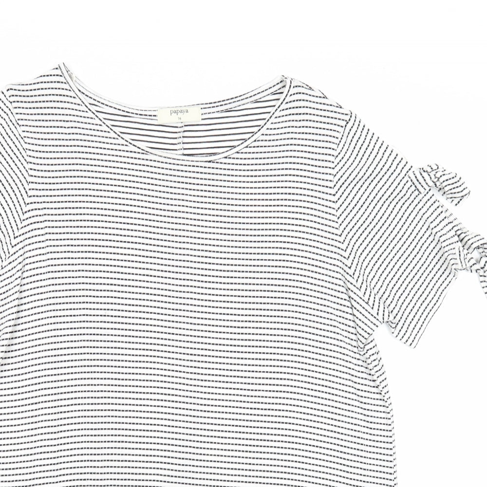 Papaya Womens White Striped Viscose Basic T-Shirt Size 16 Round Neck