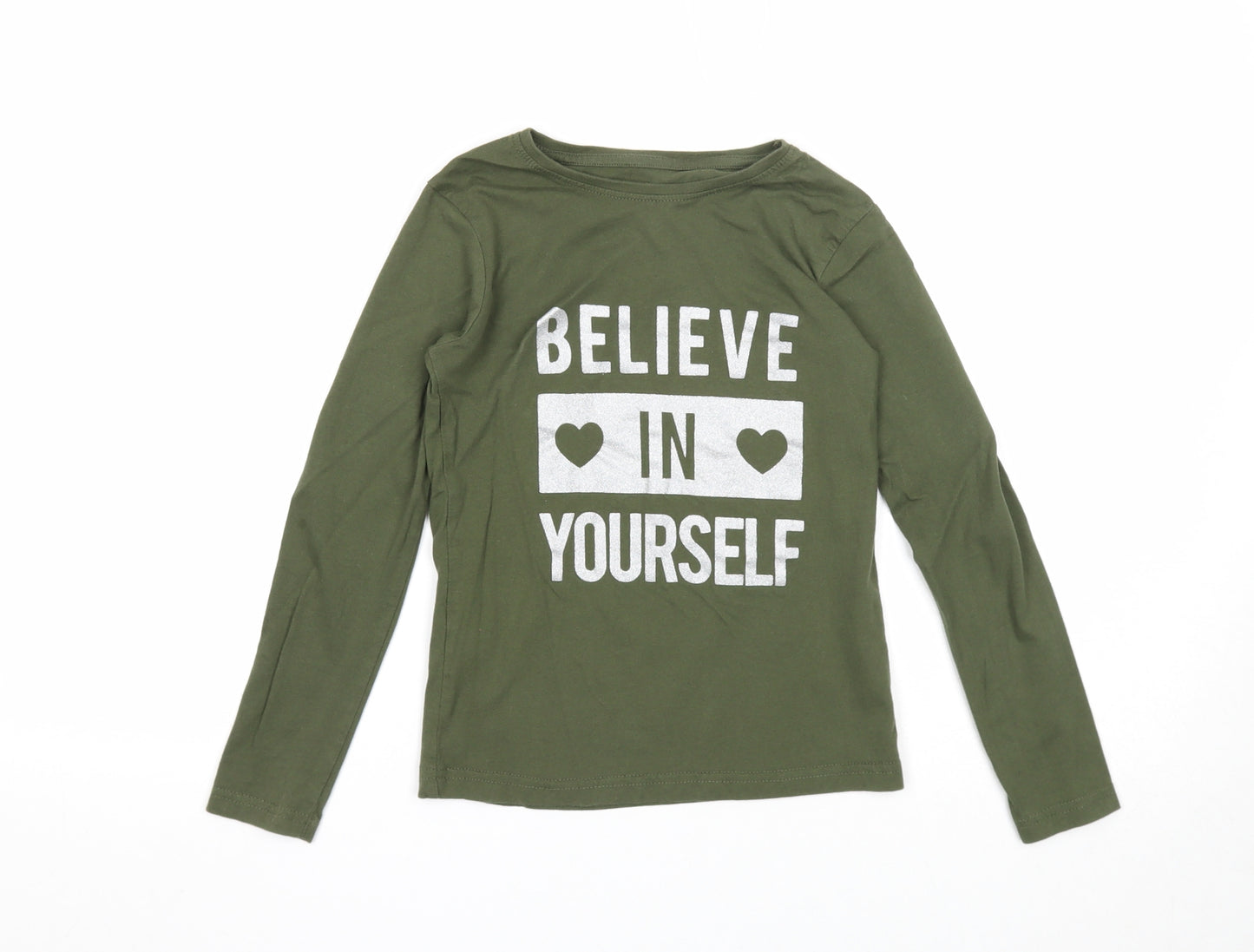 Primark Girls Green Cotton Basic T-Shirt Size 8-9 Years Round Neck Pullover - Believe In Yourself