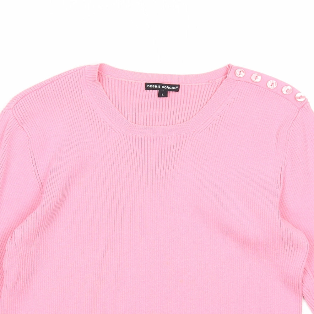 Debbie Morgan Womens Pink Scoop Neck Cotton Pullover Jumper Size L - Ribbed