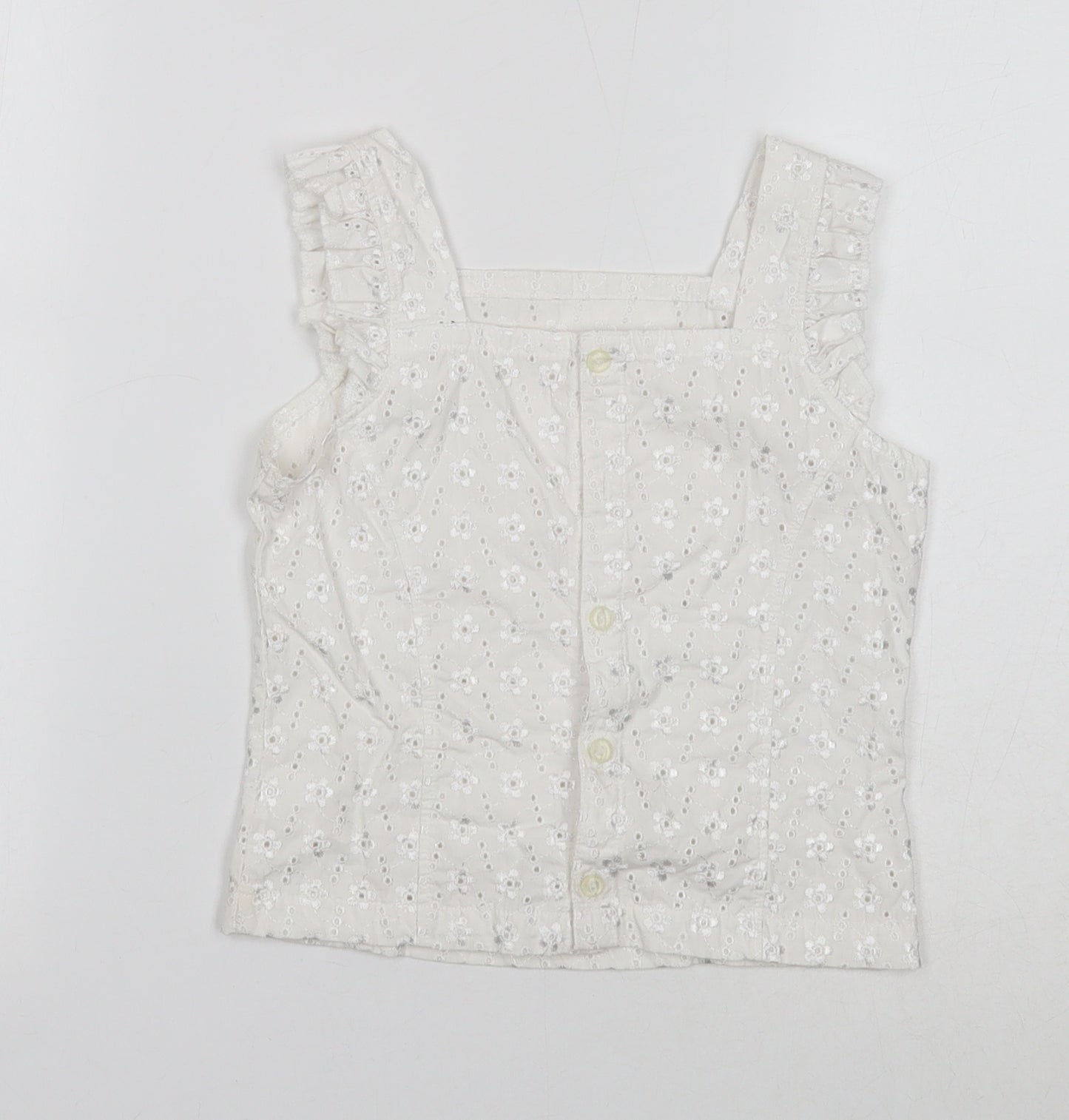 Marks and Spencer Girls White Floral Cotton Basic Blouse Size 9 Years Square Neck Pullover