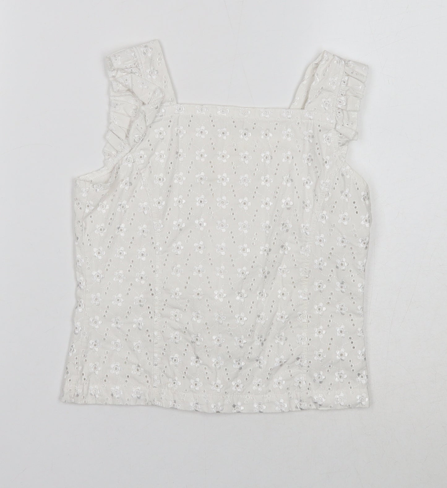 Marks and Spencer Girls White Floral Cotton Basic Blouse Size 9 Years Square Neck Pullover