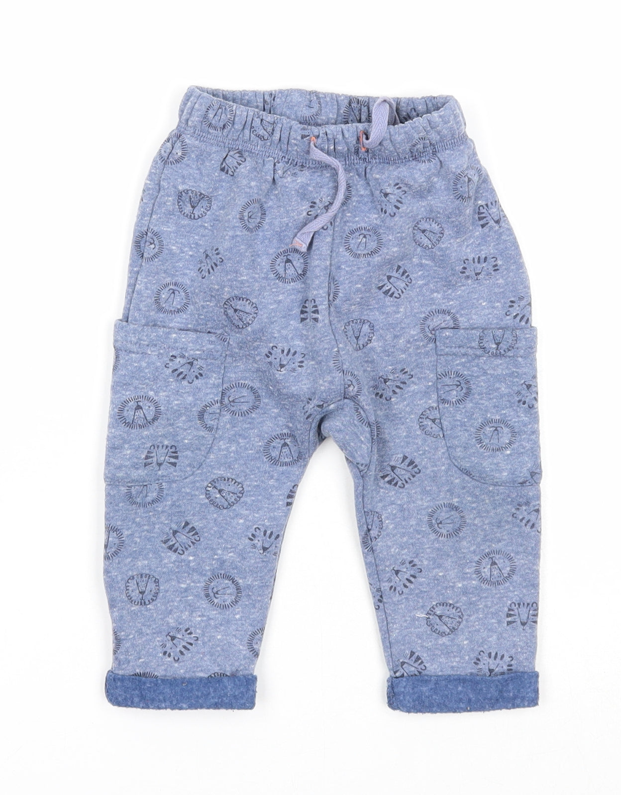 Primark Boys Blue Geometric Cotton Jogger Trousers Size 9-12 Months Drawstring