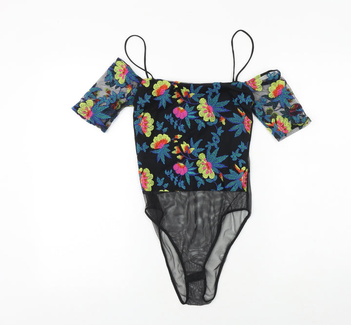 Topshop Womens Black Floral Polyester Bodysuit One-Piece Size 6 Snap