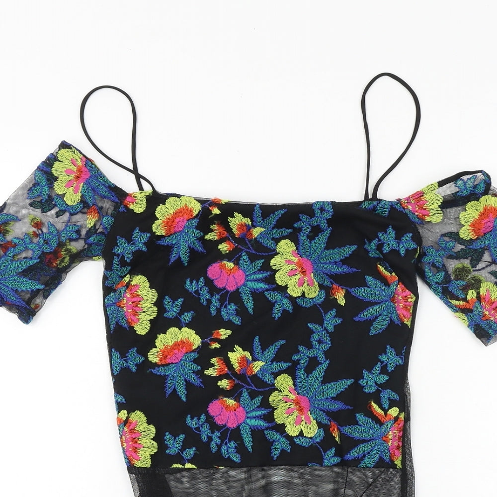 Topshop Womens Black Floral Polyester Bodysuit One-Piece Size 6 Snap